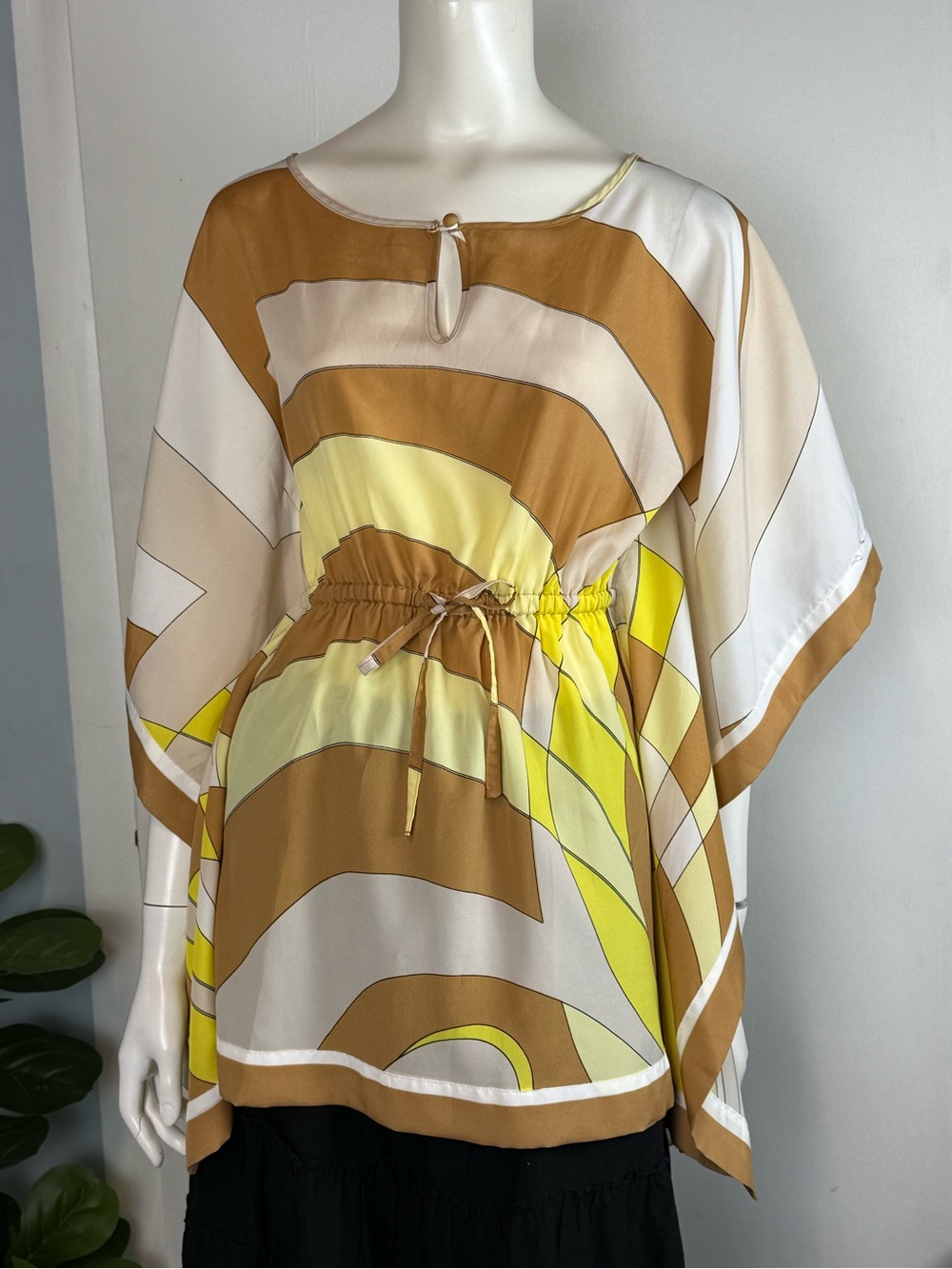 New York & Company Brown, Yellow & Cream Abstract Drawstring Tunic